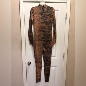 Fashion Nova Brown Croc-Print Long-Sleeve Jumpsuit